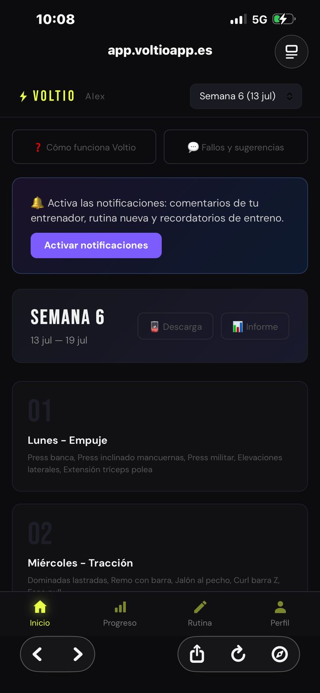 Dashboard de Voltio con la semana de entrenamiento
