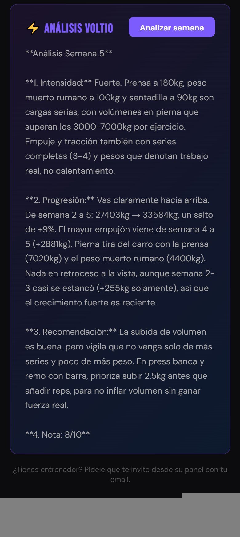 Feedback del análisis semanal de Voltio: intensidad, progresión y recomendación