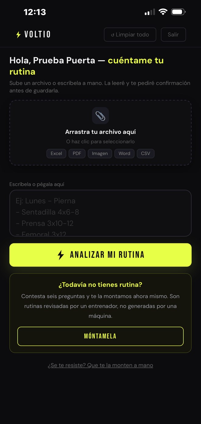 Onboarding de Voltio: sube tu rutina en Excel, PDF, imagen, Word o CSV